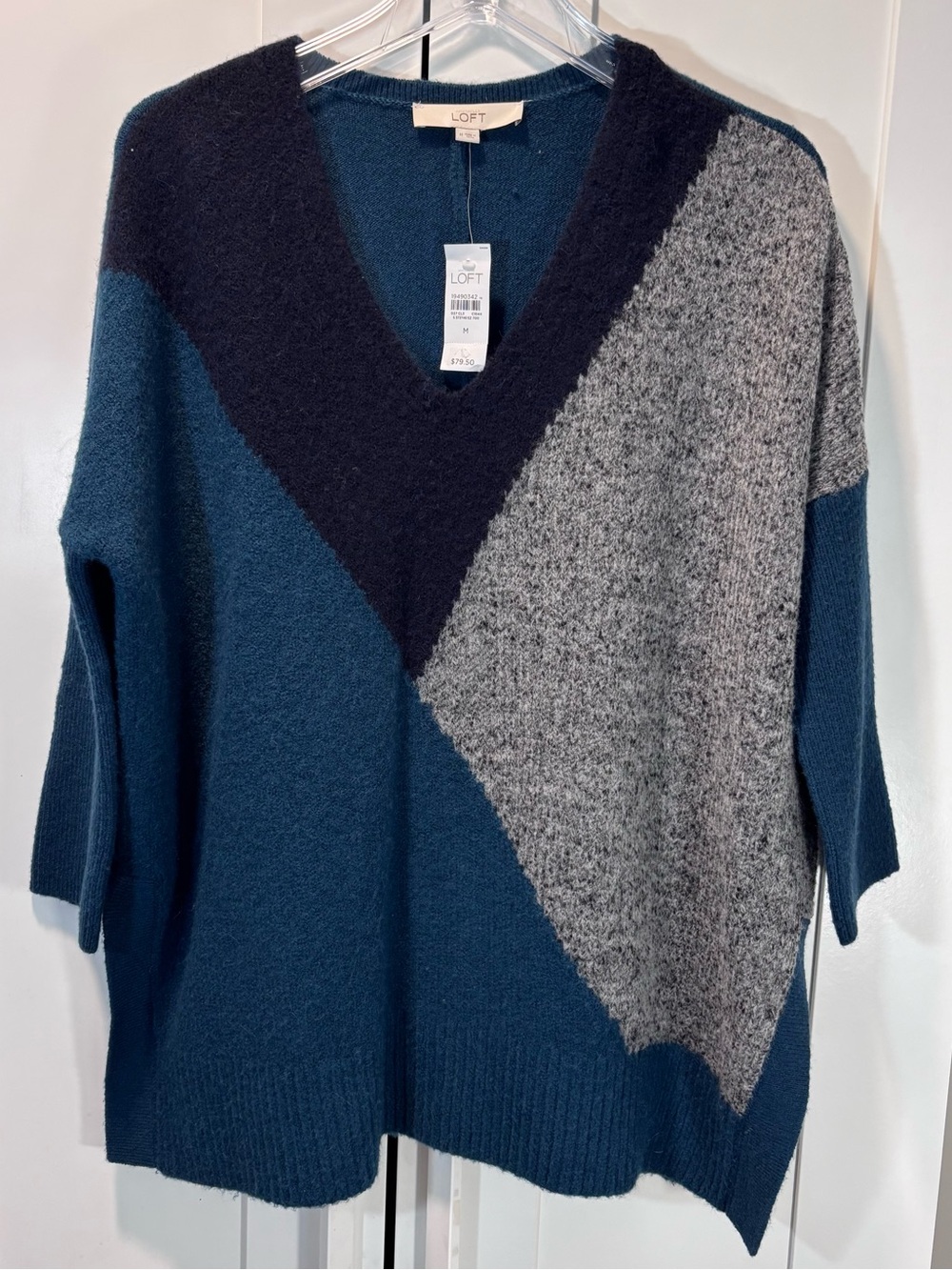LOFT NWT Wool Alpaca Mohair Colorblock Sweater Womens M Oversized Teal Gray Navy